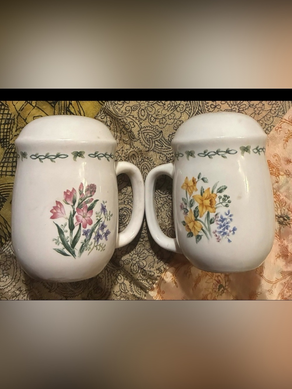Vintage Thomson Pottery "Floral Garden" Handled Salt & Pepper Shaker Set